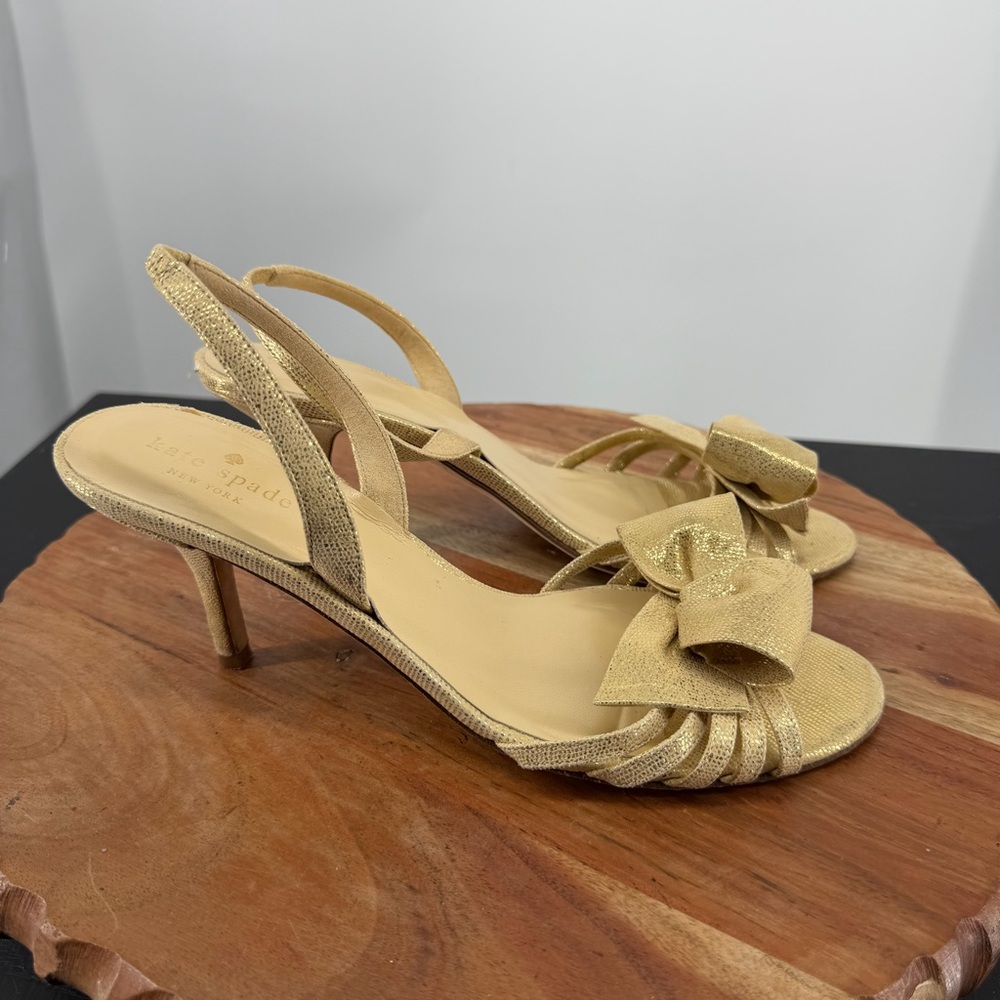 Kate Spade Maribeth Slingback Gold Metallic Heels Pumps Stiletto Bow Glam 8.5